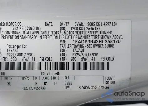 2017 Ford Focus Bev z USA, uszkodzony, nr VIN 1FADP3R42HL258170